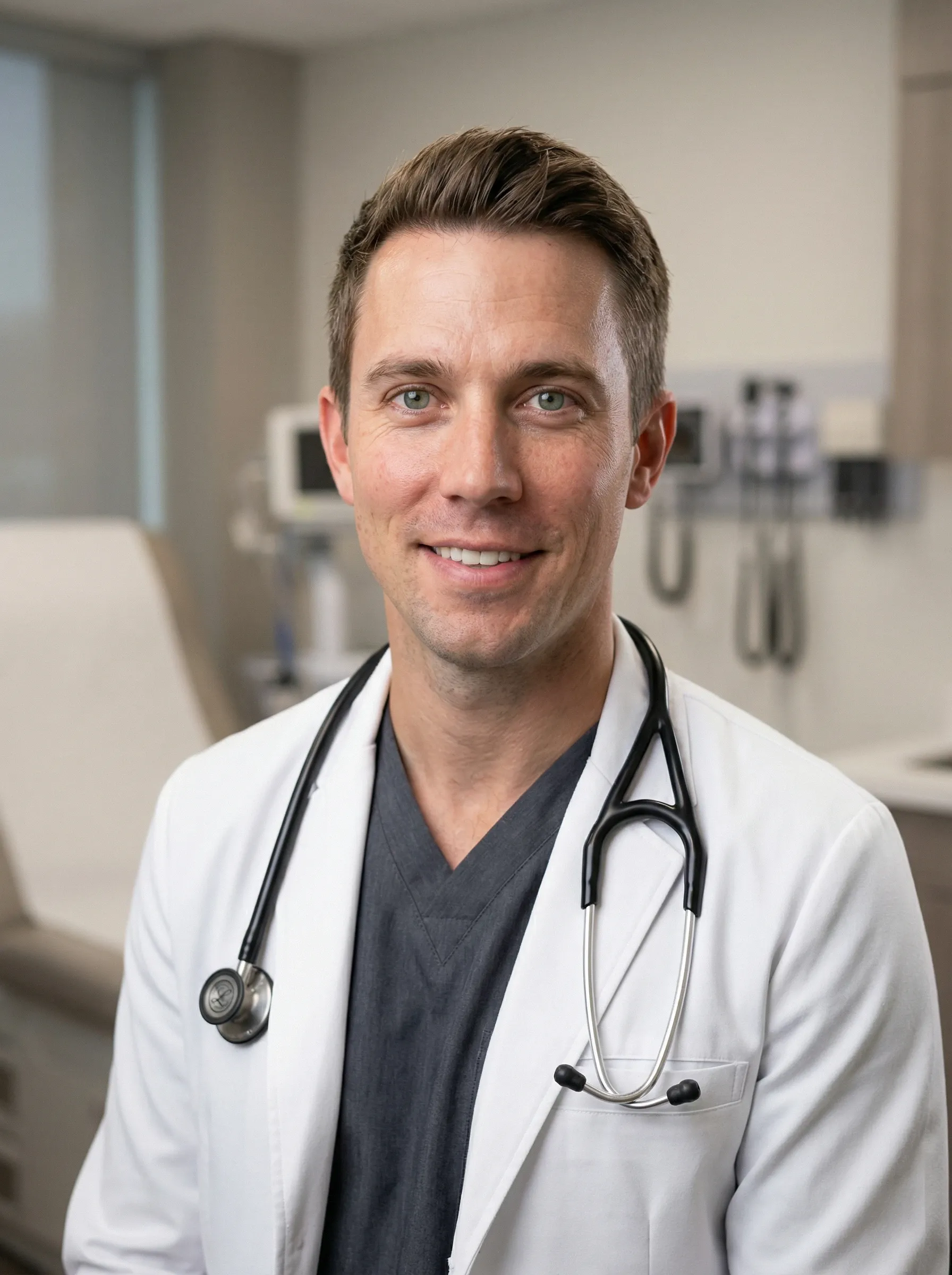 Physician in white medical coat with modern clinic examination room backdrop